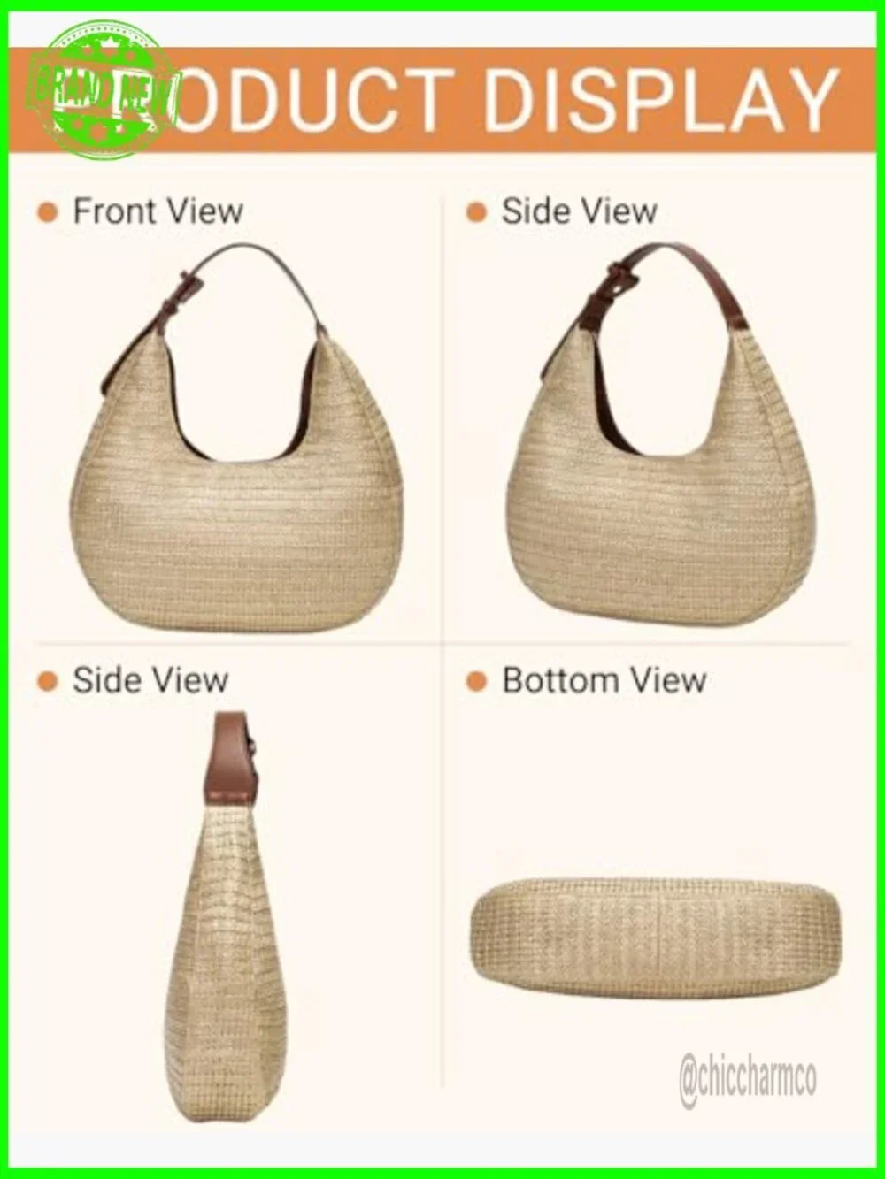 Straw Hobo Handbag with Adjustable Strap, Summer Beach Tote Purse